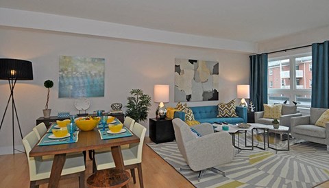 a living room with a couch and a table